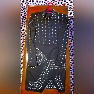 Women's Large CBR Assymetrical Long-Sleeved Pearl-Studded Mini-Dress (WORN ONCE!